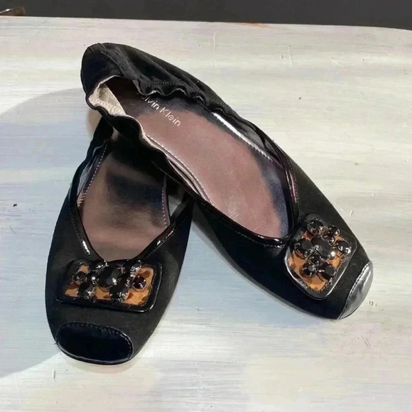 Calvin Klein black suede & leather rhinestone ballet flats shoes - Picture 3 of 12